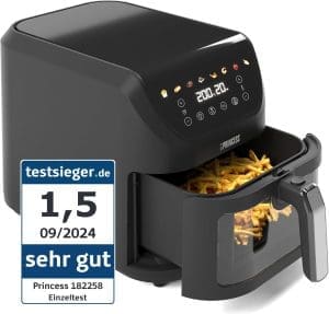 Princess SlimFry Heißluftfritteuse 8 L, platzsparend, fettfreie Kochtechnologie, 8 Programme, Sichtfenster, leistungsstark (2000 W) und leiser Betrieb (55 db), Schwarz, Airfryer 01.182258.01.001