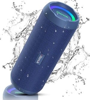 RIENOK Bluetooth Lautsprecher mit Licht Bluetooth 5.3 Musikbox Bass Kabellos Box mit IPX7 wasserdicht Stereo Sound Tragbar (Blau, 3,600 mAh)