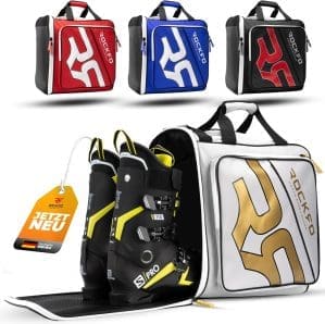 ROCKRO Skischuhtasche mit Helmfach - Robuste Tasche für Skischuhe - Wasserabweisende Skistiefeltasche mit Helmfach - Praktischer 7 Zonen Ski Rucksack für Ski Schuhe Helm Skibrille Wertsachen