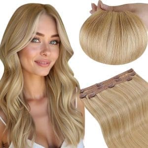 RUNATURE Clip Extensions Echthaar Blond Hervorheben 45cm 3Pcs Glatt Clip in Extensions Echthaar Seamaless Echthaar Extensions Clip Goldblond Mit Hellblond Haarextensions #16P24 50g