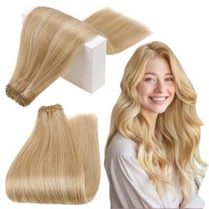 RUNATURE Extensions Tressen Echthaar Blond 55cm Goldblond Highlight Hellblond Weaving Tressen Echthaar Blond Weft Haarverlängerung Tressen Echthaar 100g #16P24