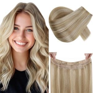 RUNATURE Human Hair Invisible Wire Hairpiece 14 Zoll Aschblond mit Hellblond Echthaartresse mit Secret Wire Extensions 70 Gramm Echtes menschliches Haar