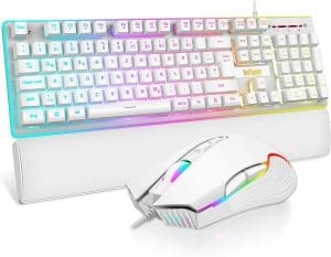 RedThunder K10 Gaming Tastatur und Maus Set, QWERTZ DE-Layout, Metallplatte und Handballenauflager, RGB-Hintergrundbeleuchtung – und 7D mit Ergonomische – für PC Mac Gamer (Weiß)