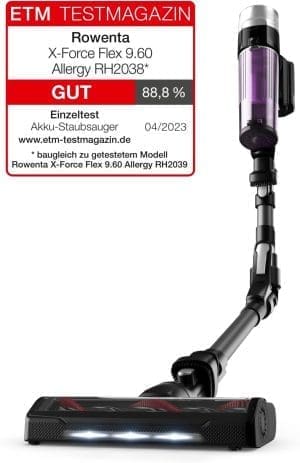 Rowenta RH2038 X-Force Flex 9.60 Allergy kabelloser Akku-Stabstaubsauger | 100 Luftwatt | herausnehmbarer Akku | bis zu 45 Min. Laufzeit | kompakt | Flex-Gelenk | LED-Düse | Lila/Schwarz