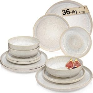 SÄNGER | Geschirrset Korfu 36 tlg, Tafelservice 12 Personen, Steingut Geschirr Handmade, Teller Set inkl. Essteller Dessertteller Teller, Essgeschirr Creme Tiefe Farben mit Sandiger Maserung