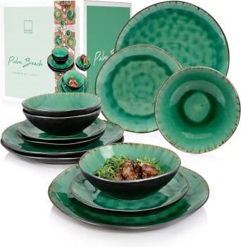 SÄNGER | Teller Set Palm Beach 12 tlg, Geschirrset 4 Personen, Geschirr Steingut, Dinner Set inkl. Speiseteller Dessertteller & Tiefenteller Grün Schwarz mit Braunem Farbverlauf | PREMIUM-KOLLEKTION