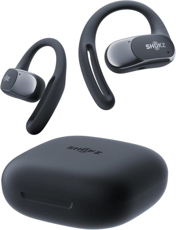 SHOKZ OpenFit Air Open-Ear-Kopfhörer, True Wireless Bluetooth-Ohrhörer mit Mikrofon, Ohrhörer mit Air-Ohrbügel, Schnellaufladung, 28h Wiedergabe, wasserdicht IP54 fürs Training, Tragetasche, Schwarz