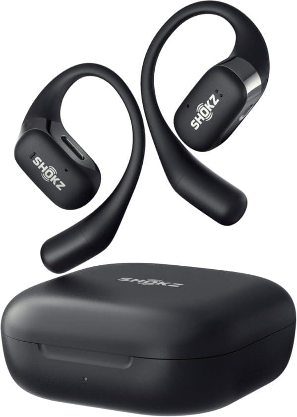 SHOKZ OpenFit True Wireless Earbuds, Open-Ear Bluetooth Kabellose Kopfhörer mit Noise-Cancelling Mikrofon, Ohrhörer mit schnellem Aufladen, 28 Std Laufzeit, IP54 Wasserdicht, mit Tragetasche, Schwarz