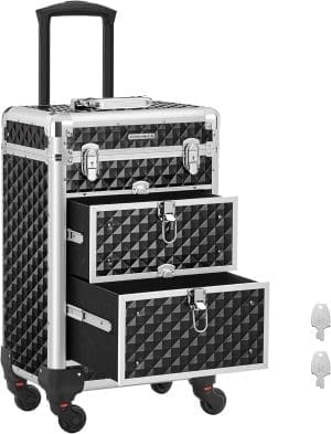 SONGMICS Kosmetikkoffer Trolley, Schminkkoffer 2 Schubladen, Friseurkoffer groß, Make-up Koffer, 34 x 24 x 56 cm, Rollen 360° drehbar, Reisen, Friseure, Geschenkidee, schwarz JHZ08BK