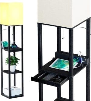 SUNMORY Stehlampe, Wohnzimmer-Stehlampe mit Ablage aus Massivholz, 3 Farbtemperaturen, 2 USB-Ladeanschlüssen und 1 Schublade, Stehlampen für Wohnzimmer, Schlafzimmer, Stehlampe, Schwarz, mit Glühbirne