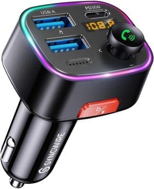 SYNCWIRE Bluetooth 5.3 FM-Transmitter, Autoladegerät 48 W (PD 36 W und 12 W), Ladegerät mit zwei USB-Anschlüssen, Autoadapter, kabelloser Radioempfänger, LED-Anzeige, 64 GB USB-Laufwerk mit Lichtschalter