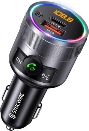 SYNCWIRE Bluetooth 5.3 FM-Transmitter für das Auto, 48 W max. PD & QC 3.0 Schnelllade-Autoladegerät, kabelloser Radio-Adapter, Deep-Bass-Musikplayer, Freisprechen, buntes LED-Licht