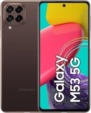 Samsung Galaxy M53 5G, Android Smartphone, 6,7 Zoll Infinity-O TFT Display, 5.000 mAh Akku, 6 GB RAM 128 GB Speicher, Dual-SIM, Braun