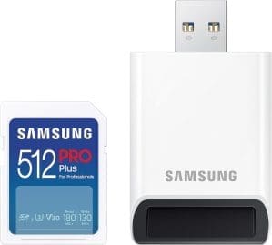 Samsung PRO Plus SD-Karte, 512 GB, UHS-I U3, Full HD & 4K UHD, 180 MB/s Lesen, 130 MB/s Schreiben, Speicherkarte für Kameras und Drohnen, Inkl. USB-Kartenleser, MB-SD512SB/WW