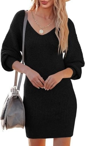 Saodimallsu Strickkleid Damen V-Ausschnitt Pulloverkleid Langarm Pullover Elegant Minikleid Sweater Freizeitkleider Tunika Pullikleid Strickpullover Kleid für Herbst Winter