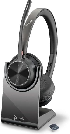 Schnurloses Poly Voyager 4320 UC-Headset und Ladestation – Stereo-Kopfhörer mit Noise Cancelling-Mikrofonarm – Verbindung mit PC/Mac/Mobiltelefon über Bluetooth – Kompatibel mit Teams, Zoom & mehr