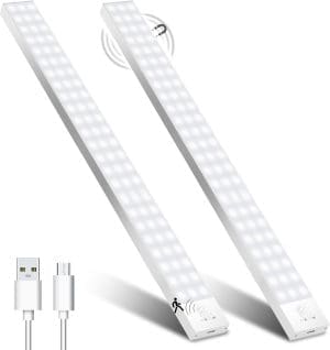 Schrankbeleuchtung LED mit Bewegungsmelder, 43,5 cm, 2 Stück, Schrankleuchte, Schrankleuchte, LED-Streifen, Akku, USB wiederaufladbar, Unterbauleuchte, Küchenschrankleuchten für Kleiderschrank, Treppe, Kofferraum