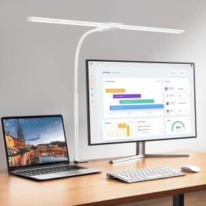 Schreibtischlampe LED Dimmbar, 1200 Lumen Doppelkopf Schreibtischlampe Klemmbar für Home Office, Augenschutz Schwanenhals Büro Tischlampe, Monitorlampe Schwarz mit 5 Farbtemperatur-Helligkeitsstufen