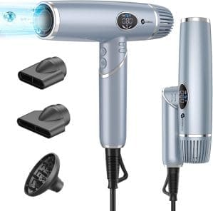 Slopehill Ionen Haartrockner 2000W Professioneller Föhn, Leicht und Faltbar/Wenig Lärm/Magnetischer Diffusor/Extra lange Kabel/LCD-Anzeige für Zuhause, Salon und Reisen (blau)