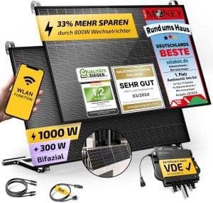 Solakon® 1000W Balkonkraftwerk mit Halterung (Balkon) - Balkonkraftwerk 800W komplett Steckdose - neuester 800 Watt Wechselrichter - Solaranlage Komplettset - 500W bifaziale Solarmodule inkl. Zubehör