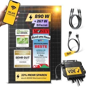 Solakon® 890W Balkonkraftwerk - Balkonkraftwerk 800W komplett Steckdose - neuester 800 Watt Wechselrichter - Solaranlage Komplettset - 445W bifaziale Solarmodule inkl. Zubehör - 5m Kabel