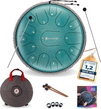 Sonodrum Zungentrommel "Premium" C - Dur in Grün - 35 cm groß mit 15 Tönen - Steel Tongue Drum inkl. Liederbuch, Schlägel, Fingersticks und Tragetasche - Notenlesen nicht nötig, einfach zu spielen.