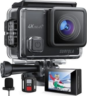 Surfola Action Cam 4K, Unterwasserkamera 40M Wasserdicht 20MP EIS Bildstabilisierung 170° Weitwinkel Helmkamera WiFi Actionkameras mit Externem Mikrofon 2 Akkus und Zubehör Kit 2.4G Fernbedienung