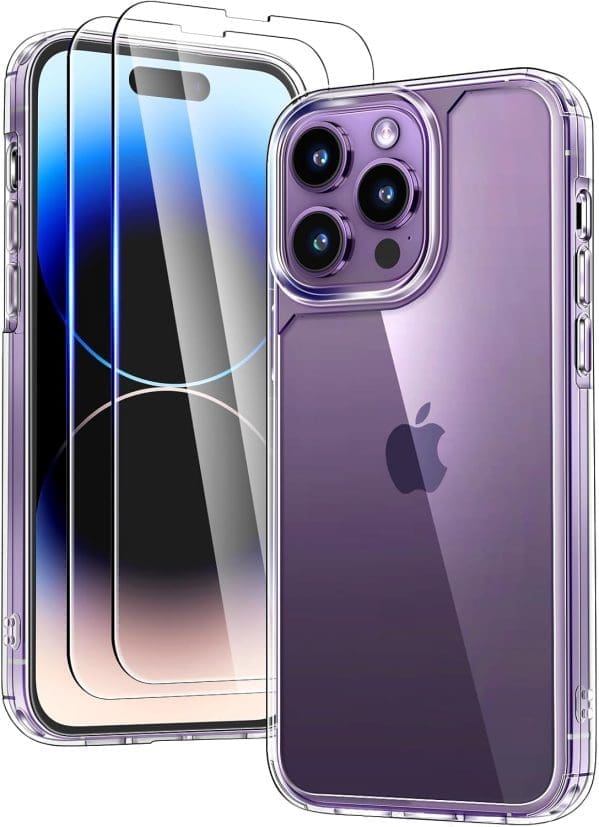 TAURI 3 in 1 für iPhone 14 Pro Hülle, 1 Handyhülle+2 Schutzfolie, (Nie Vergilbung) Handyhülle für iPhone 14 Pro Case Schlanke Stöße Anti-Kratzt - Transparent