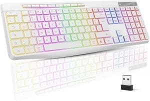 TECURS Tastatur Kabellos Gaming – Leise Tastatur QWERTZ Beleuchtete Ergonomische wasserdichte 2,4 GHz LED-Tastatur für Windows/Mac/PS4/Xbox mit Multimedia-Tasten Weiß