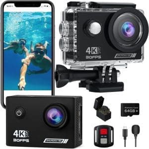 TIMNUT Action Cam 4K30fps, Unterwasserkamera WiFi Kamera,20MP HD 170°FOV mit EIS Helmkamera, 40m/131ft Kamera Wasserdicht mit 2 Akkus, 64G SD Karte und Helmhalterung Zubehör Kits