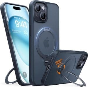 TORRAS 360° Ostand Spin für iPhone 15 Hülle (Magnetischer Robuster Standring) Militärschutz, Matt Rückseite Samtweiche Haptik Fingerabdrücken, Unsichtbarer Ständer Schlanke Handyhülle Schwarz