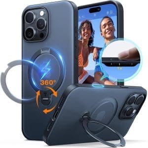 TORRAS 360° Ostand Spin für iPhone 16 Pro Hülle (Kamerasteuerung Taste) Magnetischer Robuster Standring Zertifizierte Militärschutz, Matt Rückseite Case Schlank Schwarz