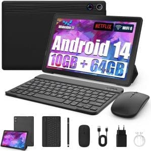 Tablet 10 Zoll 8-in-1 Kit Android 14 Tablet PC mit Hülle Tastatur Maus Stift Kopfhörer Netzstecker Kabel Octa-Core 10 GB RAM 64 GB ROM 1TB TF Erweiterbar 1280x800 IPS Touchscreen 5000 mAh (Schwarz)