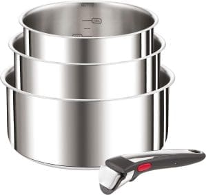 Tefal L898S3 Ingenio Preference On 3 teiliges Kasserollen-Set, abnehmbarer Griff Backofengeeignet bis 250°C ohne Griff geeignet für alle Herdarten unklusiv Induktion Edelstahl, 16/18/20 cm