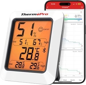 ThermoPro TP350 80m Bluetooth Thermometer Hygrometer Innentemperatur und Luftfeuchtigkeitsmesser mit APP Datenexport für Innenraum, Büro, Weinkeller, Gewächshaus