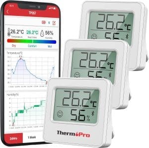 ThermoPro TP357-3 80m Bluetooth Hygrometer Innen 3er Set Raumthermometer Digital mit APP Mini Luftfeuchtigkeitsmesser mit Smiley-Indikator Datengrafik für Innenraum, Büro, Weinkeller, Gewächshaus