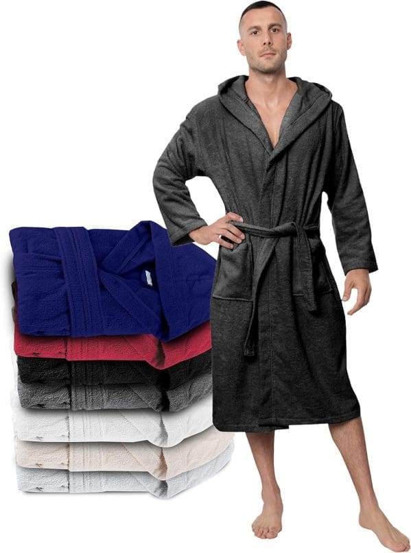 Twinzen Bademantel Herren - XS, S, M, L, XL, XXL, XXXL - 100% Baumwolle (350g/m²) OEKO-TEX® Zertifiziert - Bademantel mit Kapuze, 2 Taschen, Gürtel