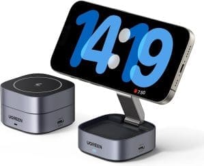 UGREEN MagFlow 2 in 1 iPhone Ladestation kompatibel mit MagSafe faltbares Wireless Charger für iPhone 16/16 Pro/16 Pro Max/15/14/13/12, AirPods, Winkel-Einstellbarer Ladeständer, mit 1M Kabel