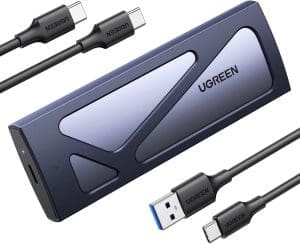 UGREEN NVMe M.2 USB 3.2 SSD Gehäuse-Adapter mit Kühlkissen 10 Gbps für NVMe PCIe M-Key/M+B Key in 2230/2242/2260/2280 mit USB CC und AC Kabel Werkzeuglos