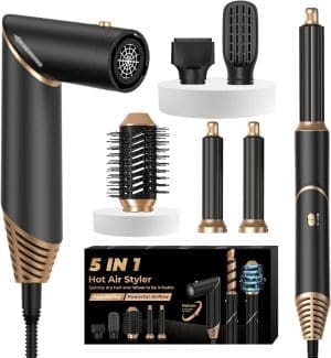 UKLISS Airstyler 5 in 1 Hairstyler Luft-Lockenstab Ionen Haartrockner Warmluftbürste Multistyler 5 in 1 Airbrush Stylingbürsten Zubehör Haarstyler Geschenke für Frauen Set, Schwarz