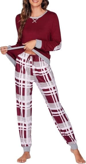 UNibelle Schlafanzug Damen Lang Kariert Pyjama Set Winter Warm Zweiteilige Nachtwäsche Langarm Nachtwäsche und Karierte Pyjamahose Hausanzug Freizeitanzug S-XXL