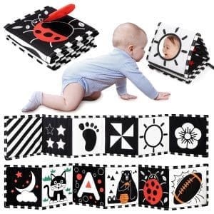 URMYWO Kontrastbuch Baby, Schwarz Weiß Doppelseitig Baby Stoffbuch, Soft Bilderbuch aus Stoff mit Spiegeln, Kinderwagen Kontrast Spielzeug Baby 0 3 6 Monate Geschenk für Babys