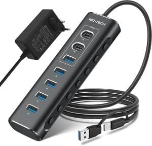 USB C Hub Aktiv mit Netzteil, RSHTECH 7-Port USB C 3.2 Hub Aktiv mit 3*10Gbps USB 3.2-Port (2*Typ-C, 1*Typ-A), 4*5Gbps USB 3.0-Port, 1m Datenkabel, 24W Netzteil, Aluminium USB 3.0 3.1 Hub, RSH-A107C