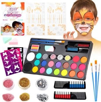 Ugmic Kinderschminke Set, 20 Farben Wasserbasis,38Pcs Ungiftige Kinderschminke,Haarkreiden Pinsel Körperfarben Kinderschminke Set Mädchen für Halloween Karneval Make-up Face Paint