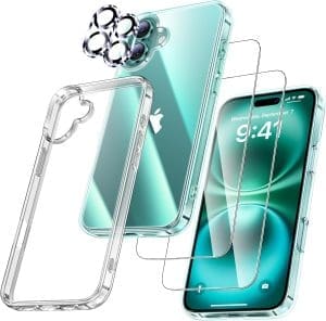 UniqueMe für iPhone 16 Hülle - Handyhülle für iPhone 16 Case, 5 in 1 Set Rundumschutz Schutzhülle Cover,1 Handyhülle & 2 Schutzfolie & 2 Kameraschutz - Transparent