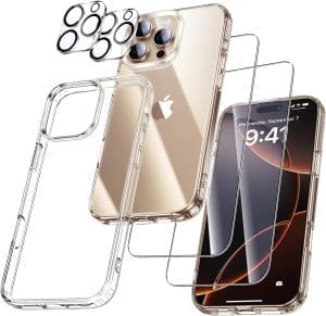 UniqueMe für iPhone 16 Pro Max Hülle - Handyhülle für iPhone 16 Pro Max Case, 5 in 1 Set Rundumschutz Schutzhülle Cover, 1 Handyhülle & 2 Schutzfolie & 2 Kameraschutz - Transparent