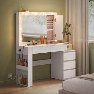 VASAGLE Schminktisch mit LED-Beleuchtung, Frisiertisch mit Spiegel, Schmuckschrank, Steckdosenleiste, 40 x 125 x 140 cm, Kosmetiktisch mit Schubladen, modern, wolkenweiß RDT127W01