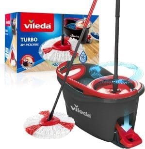 Vileda Turbo Wischmopp Komplett Set, Bodenwischer mit Mikrofaser-Moppkopf, Teleskopstiel (58-123cm), Eimer mit Schleuder und Fußpedal, für alle Böden, nachhaltiges Wischsystem, Eco-Verpackung