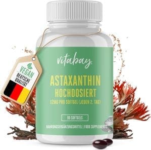 Vitabay Astaxanthin 12 mg Hochdosiert VEGAN - 90 Astaxanthin Softgel Kapseln - Astaxanthin Kapseln Natürliches Astaxanthin 12mg - Antioxidantien Astaxantin Kapseln Bräunungskapseln Laborgeprüft