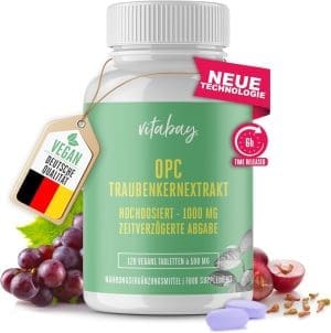 Vitabay OPC Traubenkernextrakt 1000 mg Hochdosiert - 120 Vegane Kapseln Time Released - Traubenkernextrakt mit Polyphenole - natürliche Pflanzenstoffe ohne unerwünschte Zusatzstoffe - Laborgeprüft